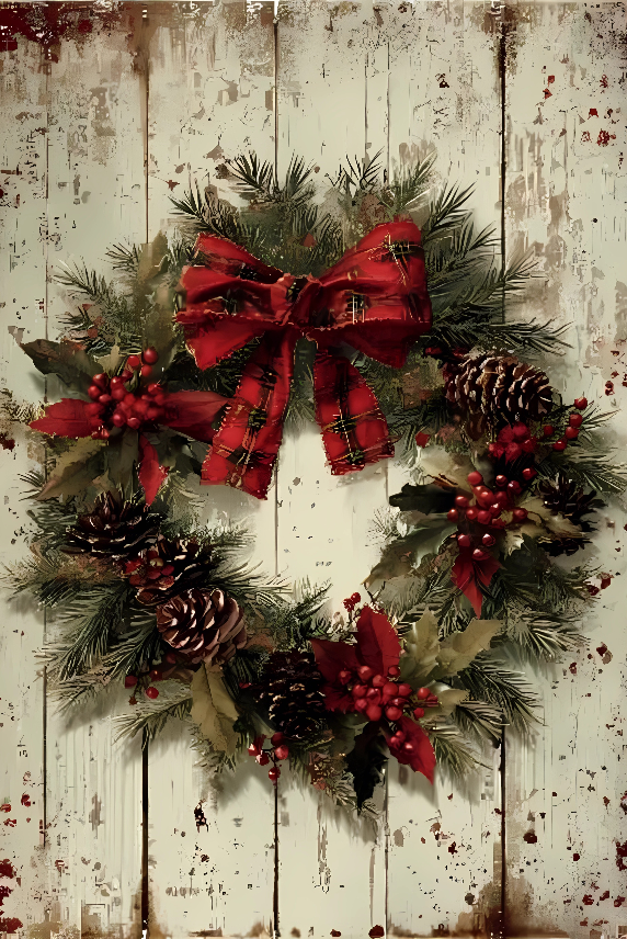 Rustic Christmas Wreath Metal Tin Sign – Vintage Holiday Garland Wall Art, Farmhouse Winter Decor