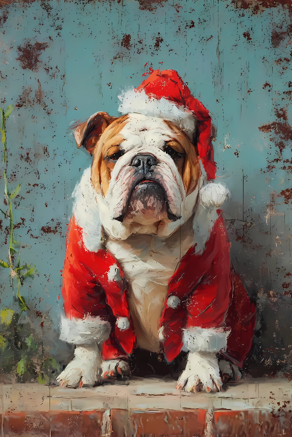 Vintage Christmas Bulldog Metal Tin Sign – Cute Santa Dog Wall Art, Holiday Rustic Decor for Home, Porch & Living Room (20×30cm)