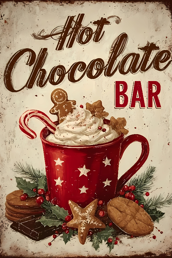 Hot Chocolate Bar Vintage Metal Sign – Holiday Cocoa Mug Wall Art, Retro Christmas Kitchen & Coffee Bar Decor