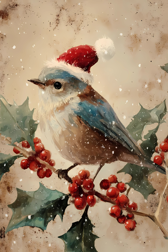 Christmas Bird Metal Tin Sign – Winter Songbird with Santa Hat Wall Art, Vintage Nature Holiday Decor