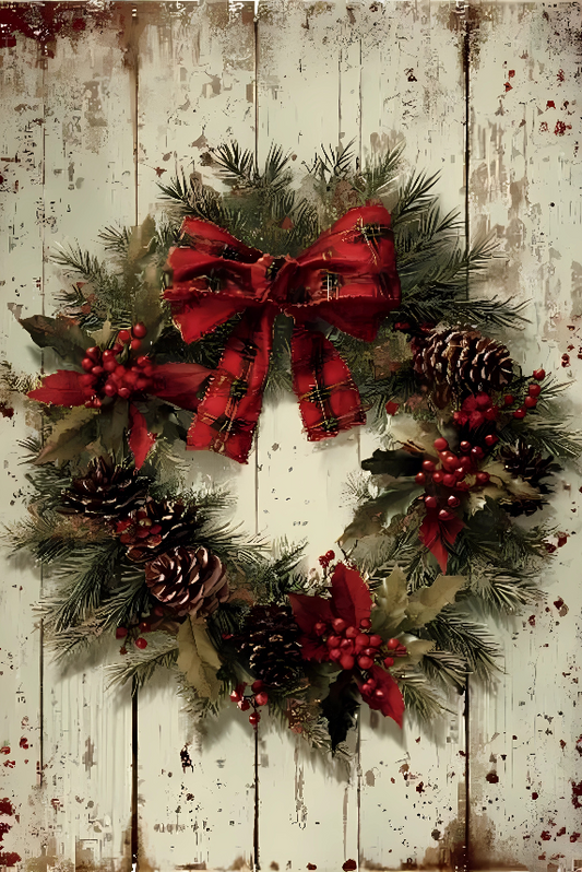 Rustic Christmas Wreath Metal Tin Sign – Vintage Holiday Garland Wall Art, Farmhouse Winter Decor