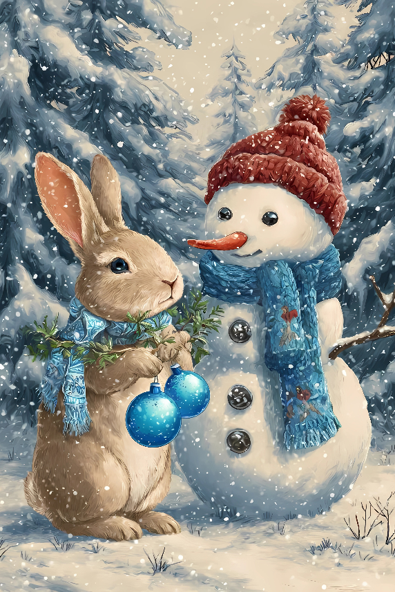 Snowman & Bunny Christmas Metal Sign – Cute Winter Friends Wall Art, Holiday Woodland Scene (20×30cm)