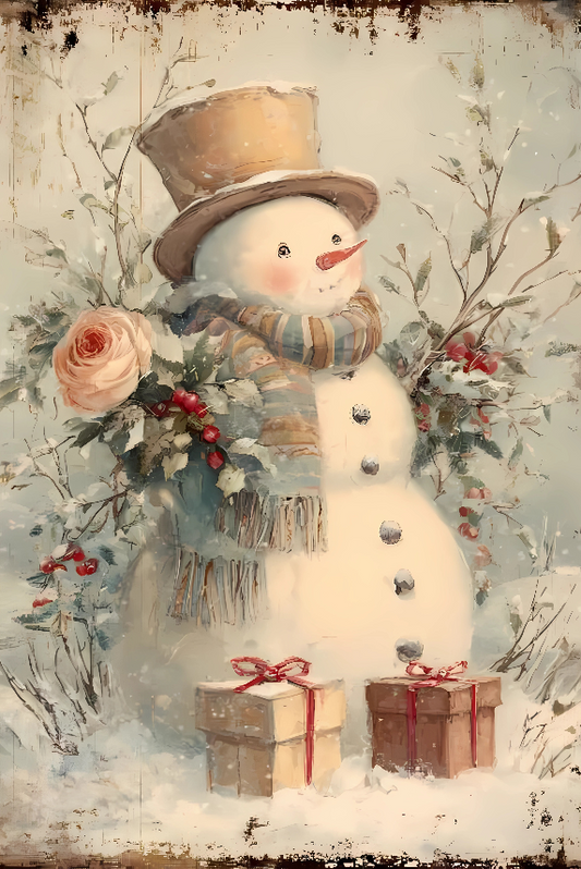 Elegant Snowman Metal Tin Sign – Winter Rose & Gift Boxes Christmas Wall Art, Vintage Romantic Holiday Decor