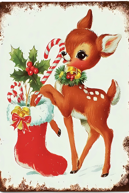Vintage Christmas Deer Tin Sign – Cute Fawn with Stocking Wall Art, Retro Holiday Kids Decor
